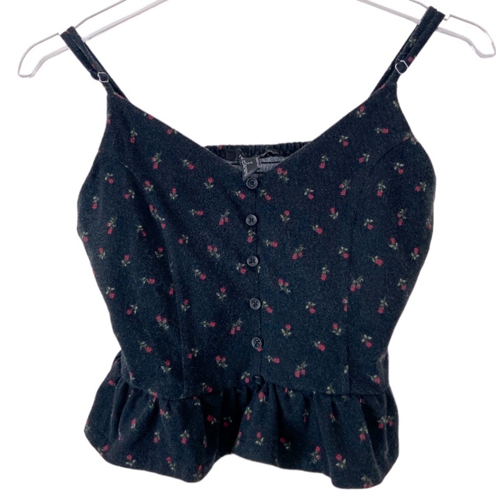 Forever21 Spaghetti Strap Black with Red Roses Tank Size Medium.